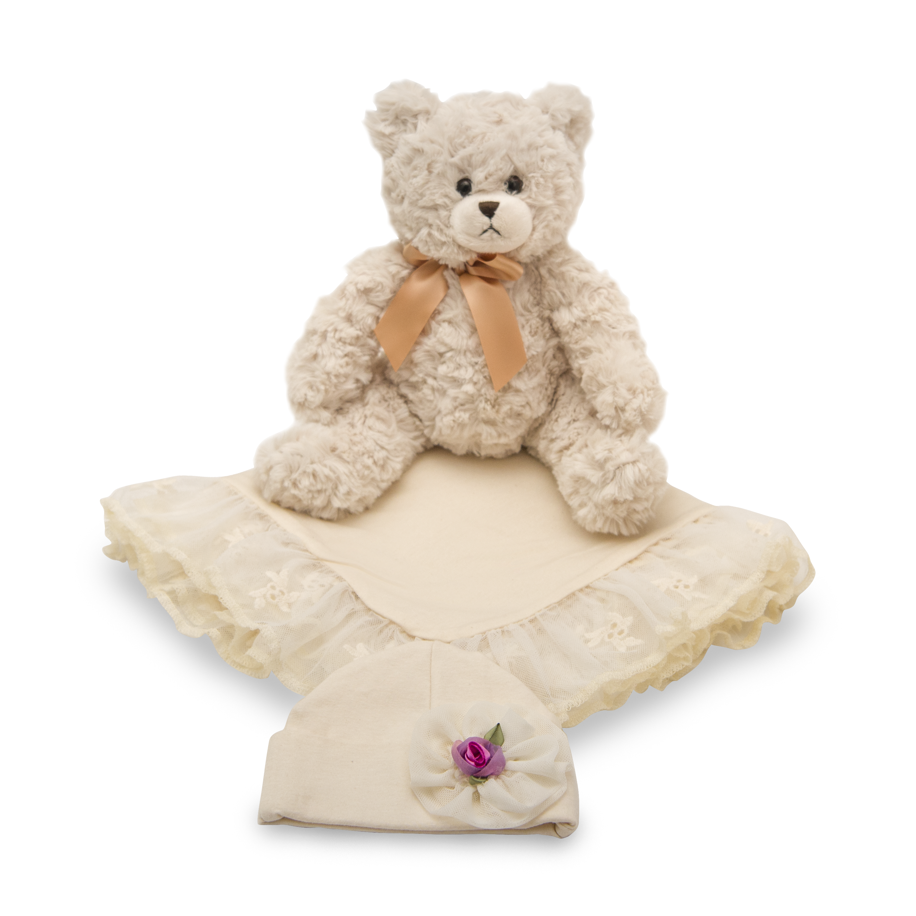 Lacy Lilac Blanket Gift Set featuring soft cream fabric, delicate lace, matching cap, and a cute plush toy.