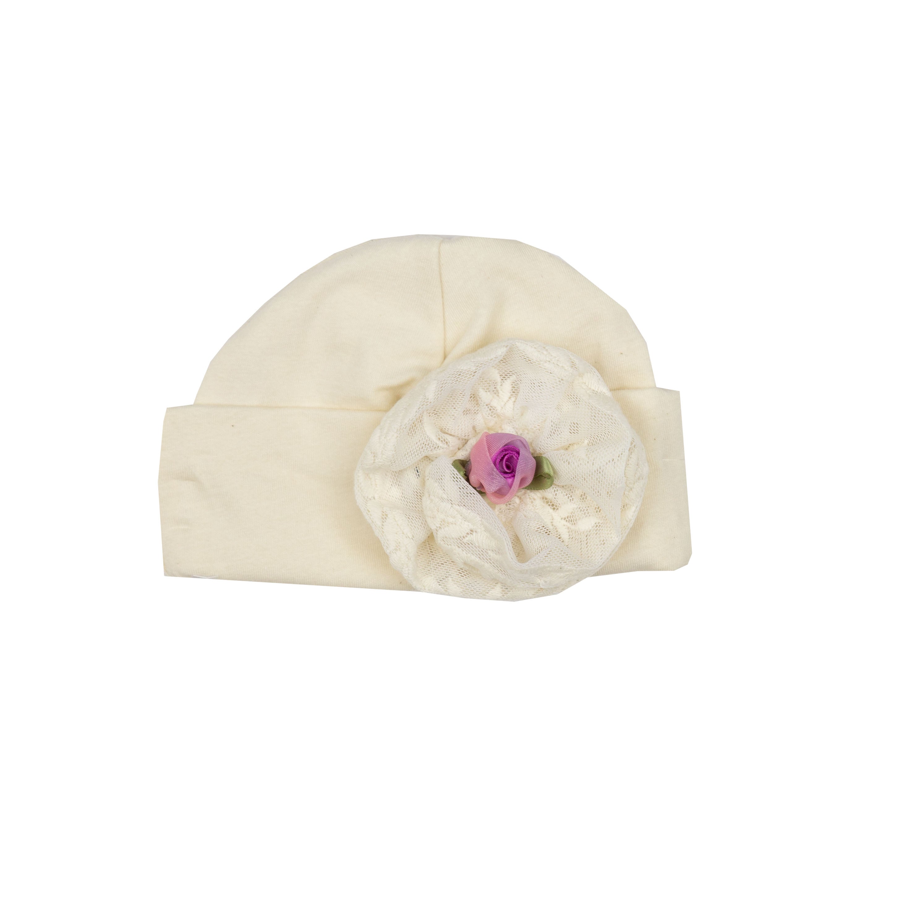 Lacy Lilac Blanket Gift Set featuring soft cream fabric, delicate lace, matching cap, and a cute plush toy.