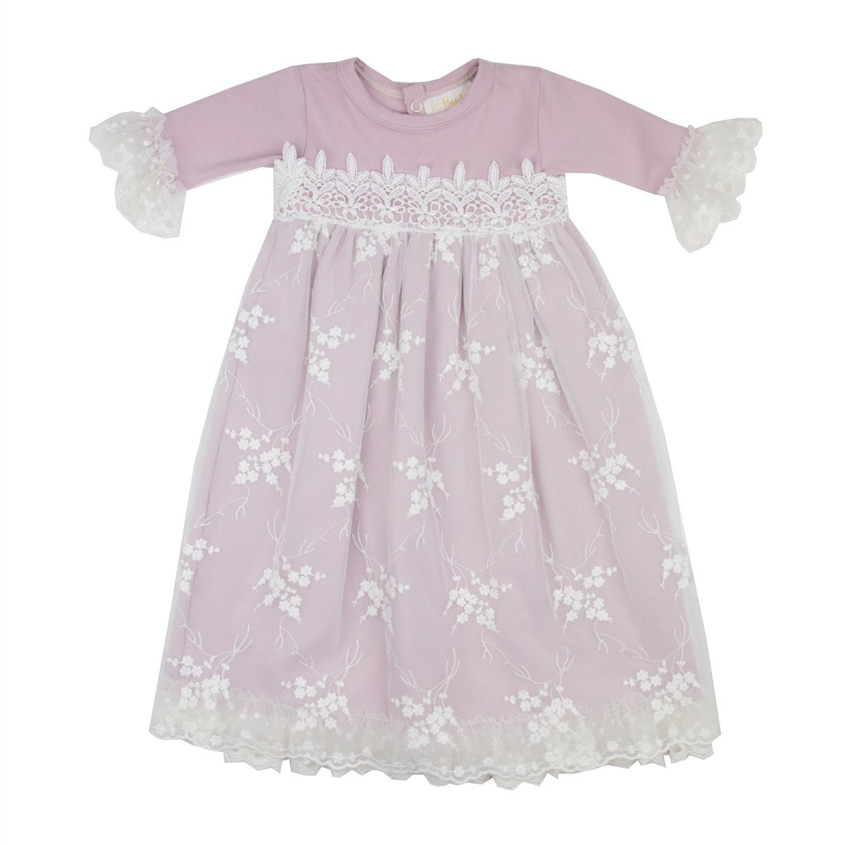 A beautiful lilac gown for girls, featuring delicate lace accents and a flowing skirt, perfect for special occasions.