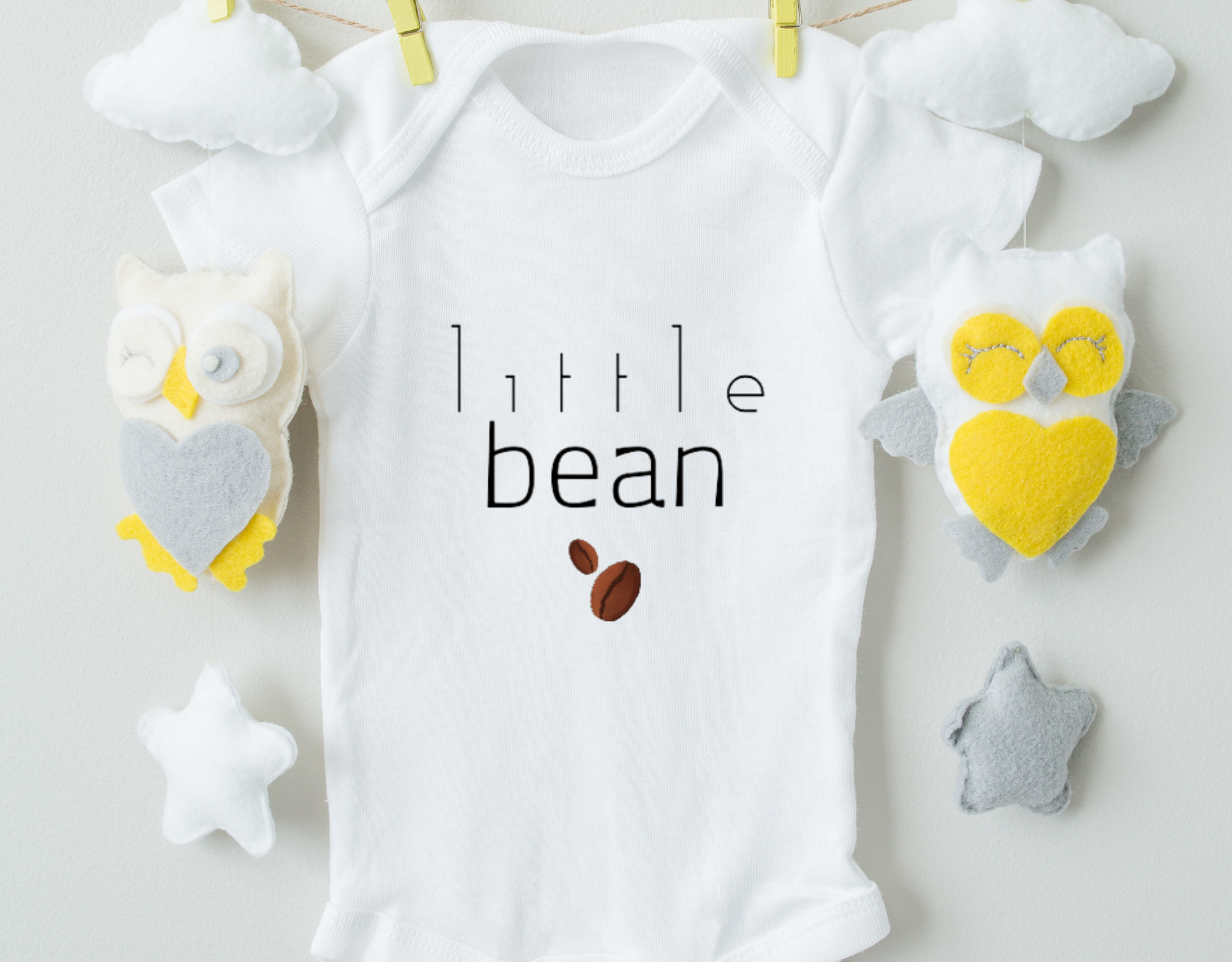 Little Bean Bodysuit made of 100% cotton with a professional heat transfer vinyl design, featuring an expandable neckline and snap closure.