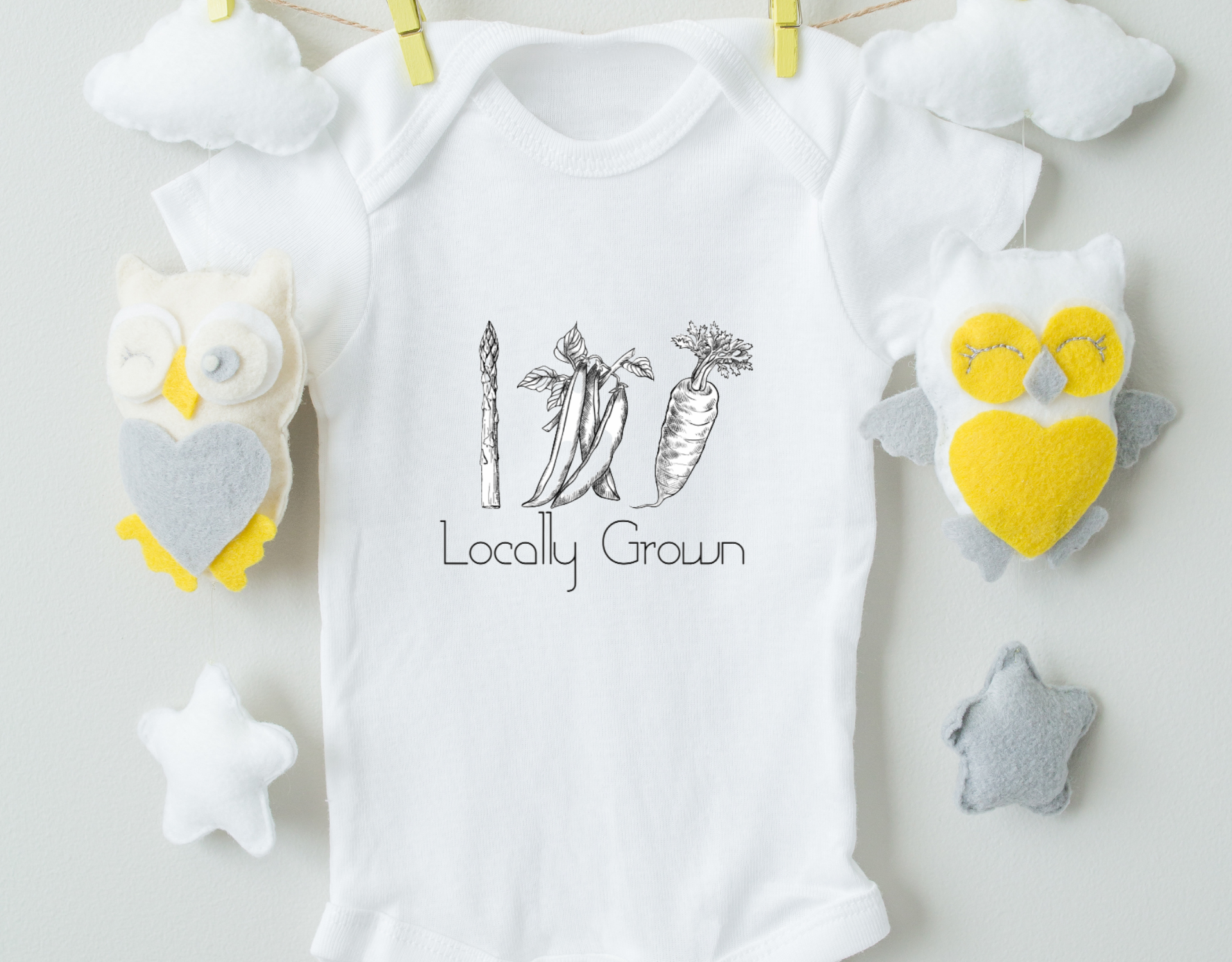 Locally Grown Bodysuit made of 100% cotton with a professional heat transfer vinyl design, featuring an expandable neckline and snap closure.