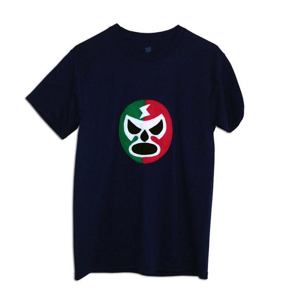 Luchador Rojo + Verde T-Shirt featuring a colorful Mexican wrestler design, handmade with felt appliqué.