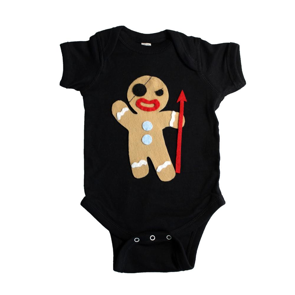 Handmade infant bodysuit featuring a gingerbread man pirate design, perfect for holiday celebrations.