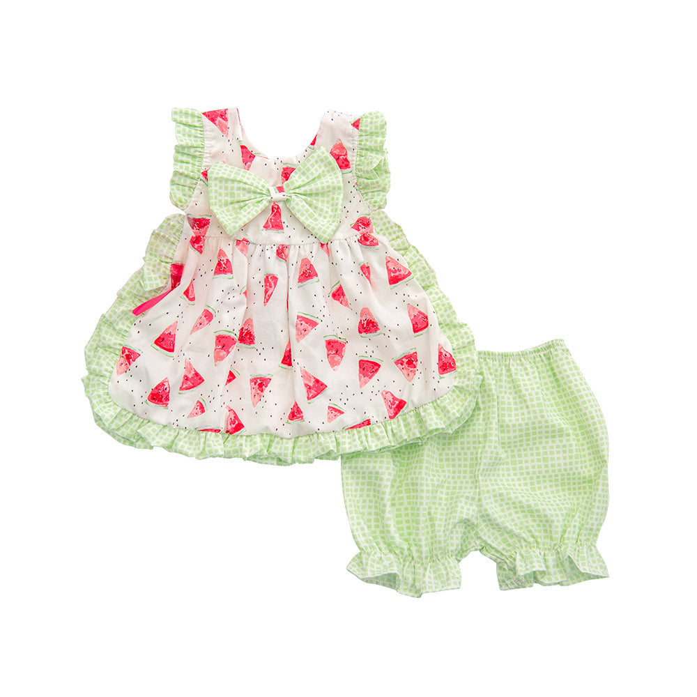 Mia's Melons Apron Set featuring a vibrant melon pattern, adjustable neck strap, and matching kitchen accessories.