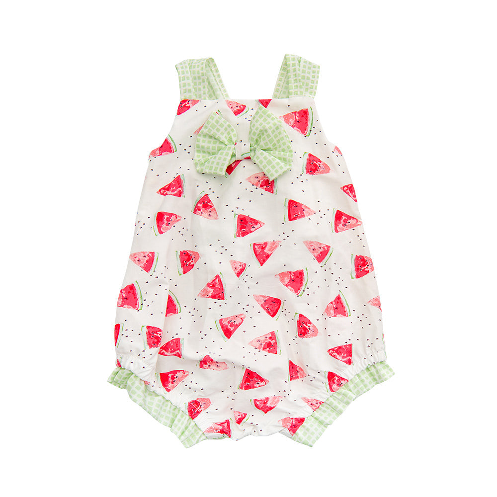 Mia's Melons Romper featuring a vibrant melon print, perfect for summer outings.