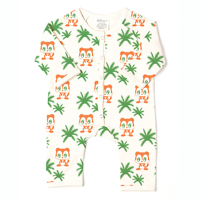 Monkey & Trees Long Romper made from 100% organic cotton, featuring long sleeves, crew neck, and front snap closures in vibrant colors.