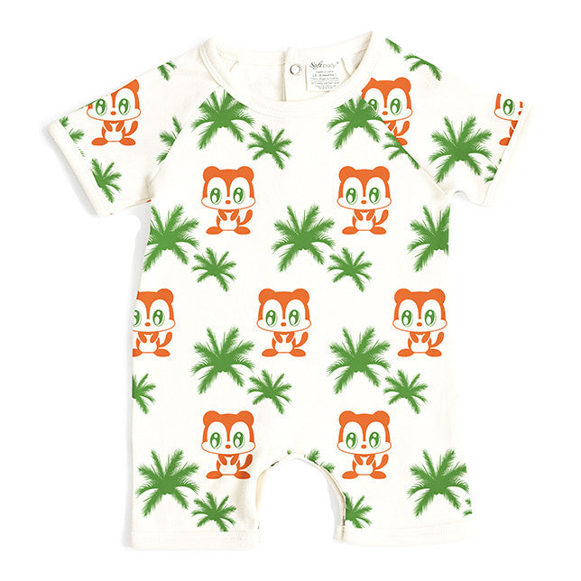 Monkey & Trees Short Romper made from 100% organic cotton, featuring short sleeves and bottom snap closures, designed for comfort and safety.