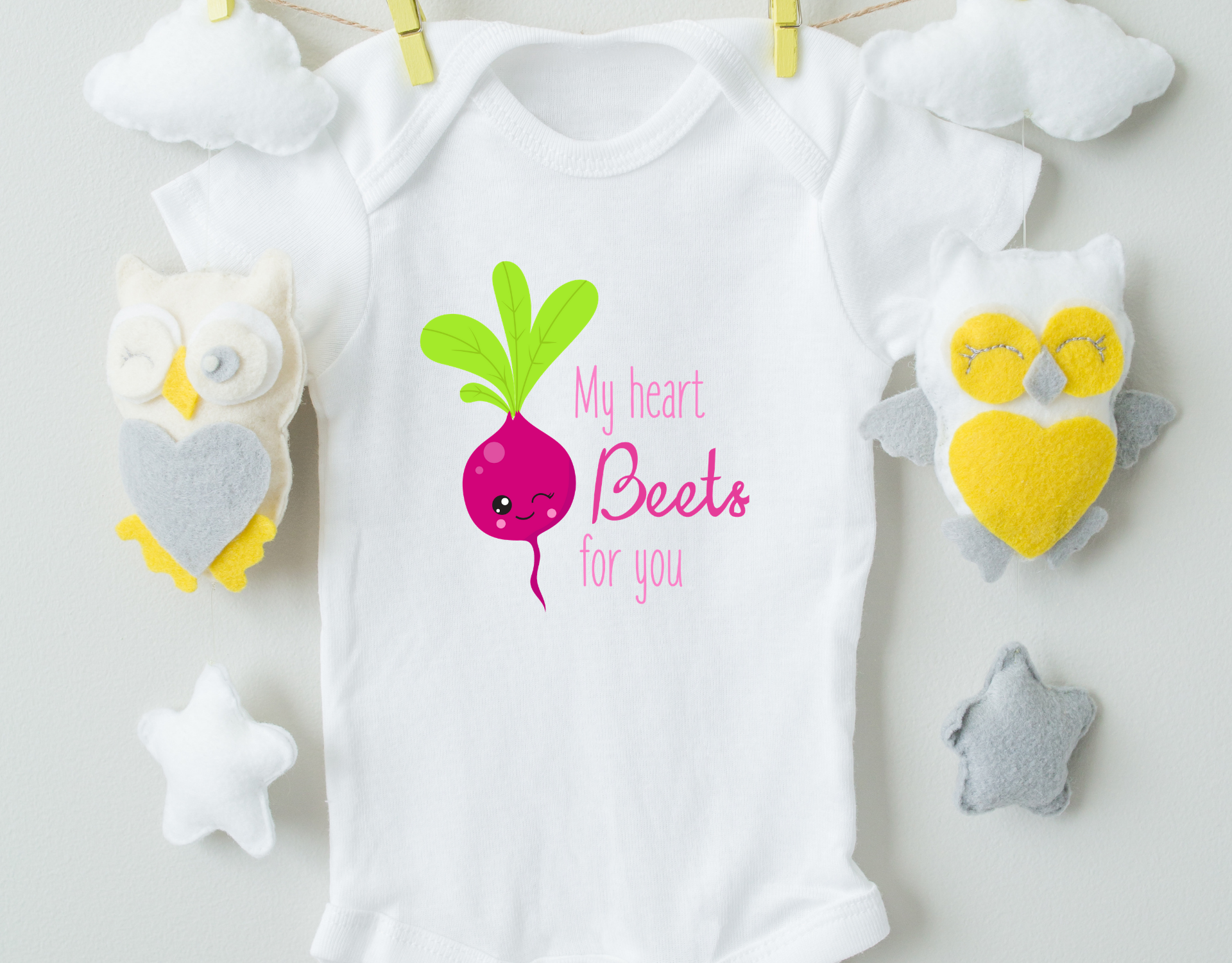 My Heart Beets For You Cotton Baby Bodysuit featuring a heart design, made from soft 100% cotton with expandable neckline and snap closure.