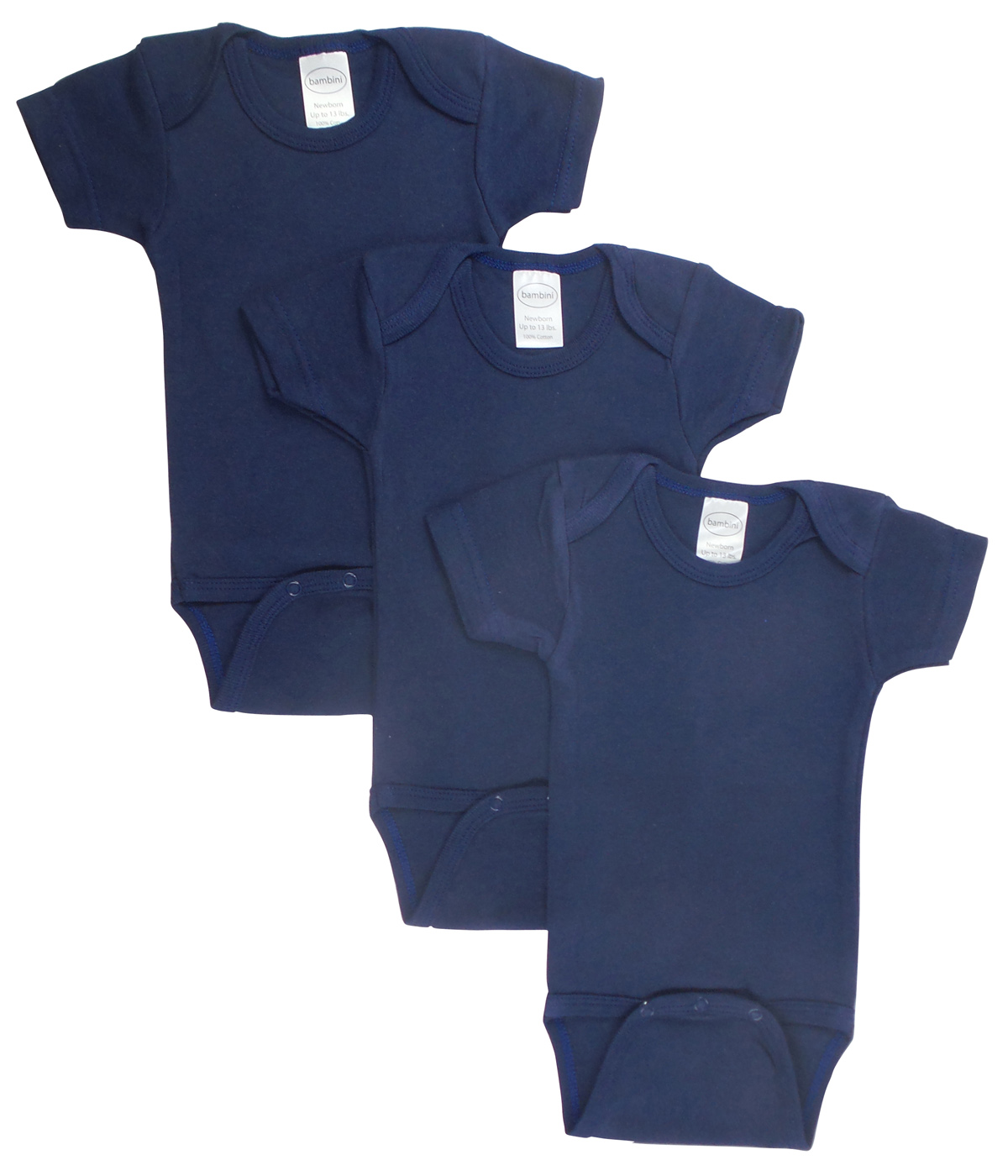 Pack of 3 navy bodysuit onezies made from 100% cotton, featuring short sleeves and snap closures for easy dressing.