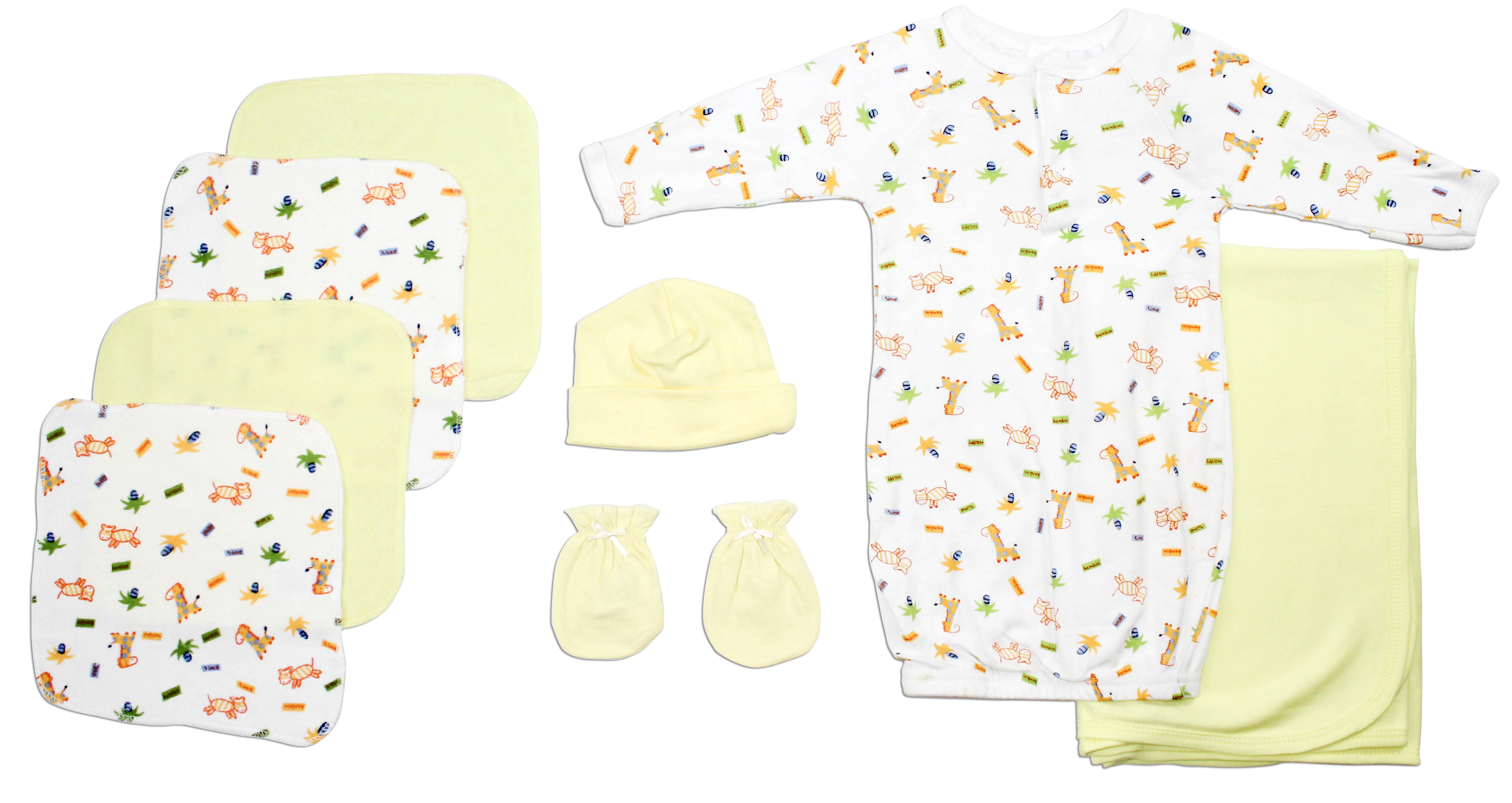 Neutral Newborn Baby 8 Pc Layette set featuring soft cotton fabric, expandable neckline, and front snap closure, ideal for baby showers.