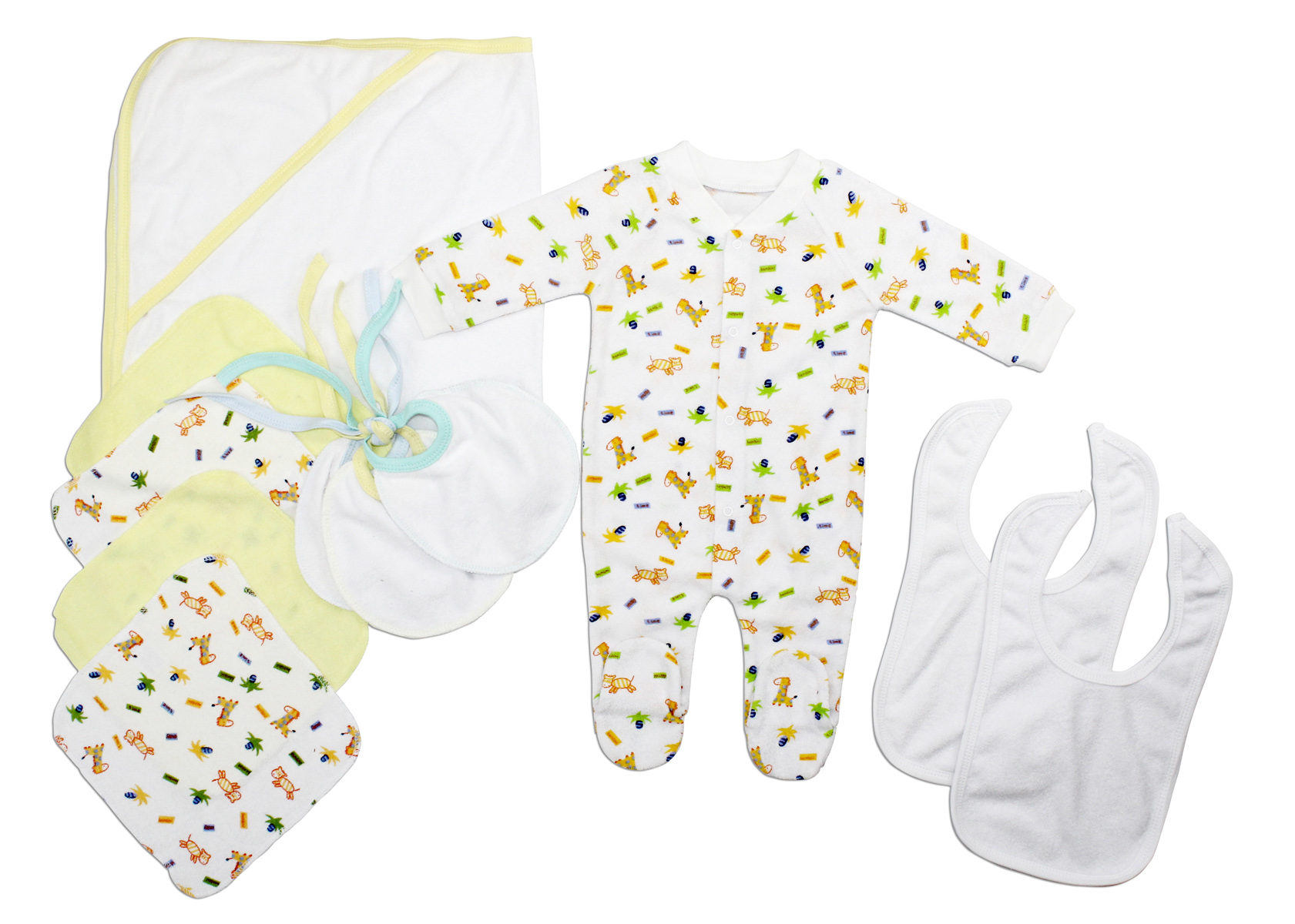 Newborn 11 Piece Layette Set featuring soft cotton clothing for babies, including a Terry Sleep 'n Play.