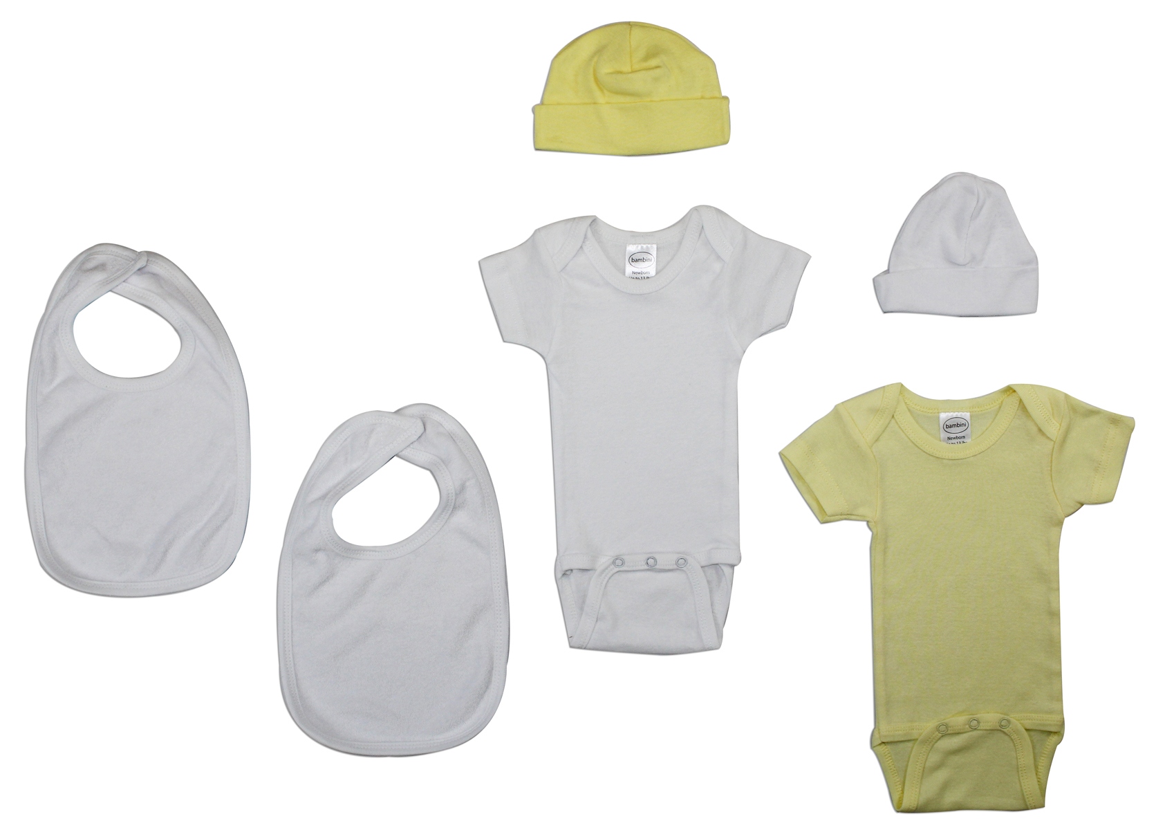 Newborn Baby 6 Piece Layette Set featuring soft cotton bodysuits with expandable neckline and front snap closure, perfect for comfort and easy changing.