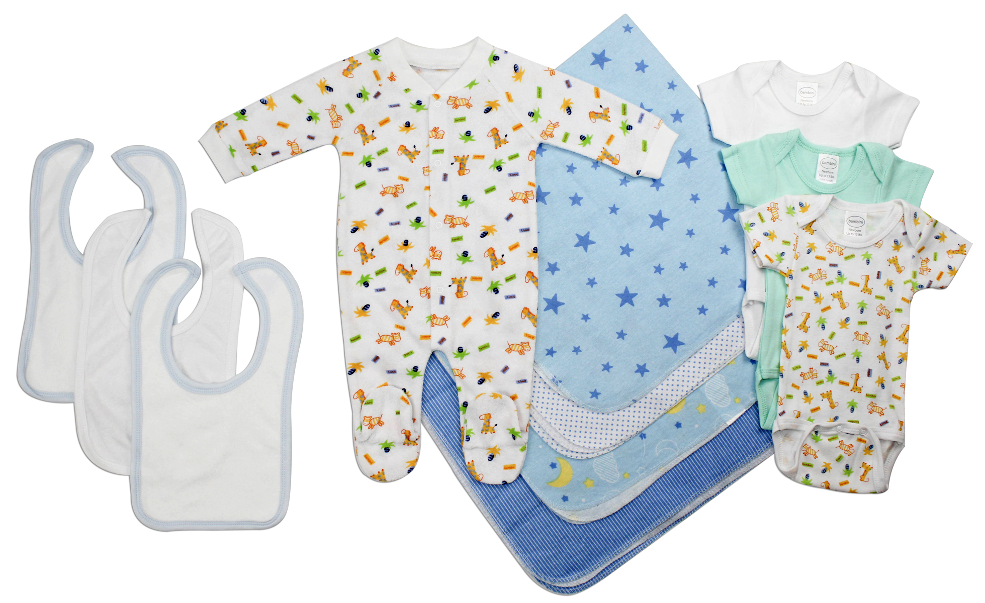 Newborn baby boy layette set featuring soft cotton onesies and cozy clothing essentials for infants.