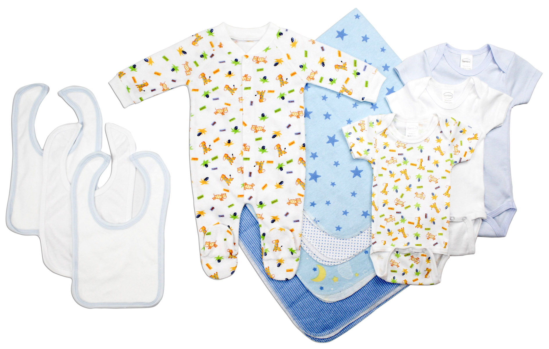 Newborn baby boy layette set featuring soft cotton onesies and cozy clothing essentials for infants.