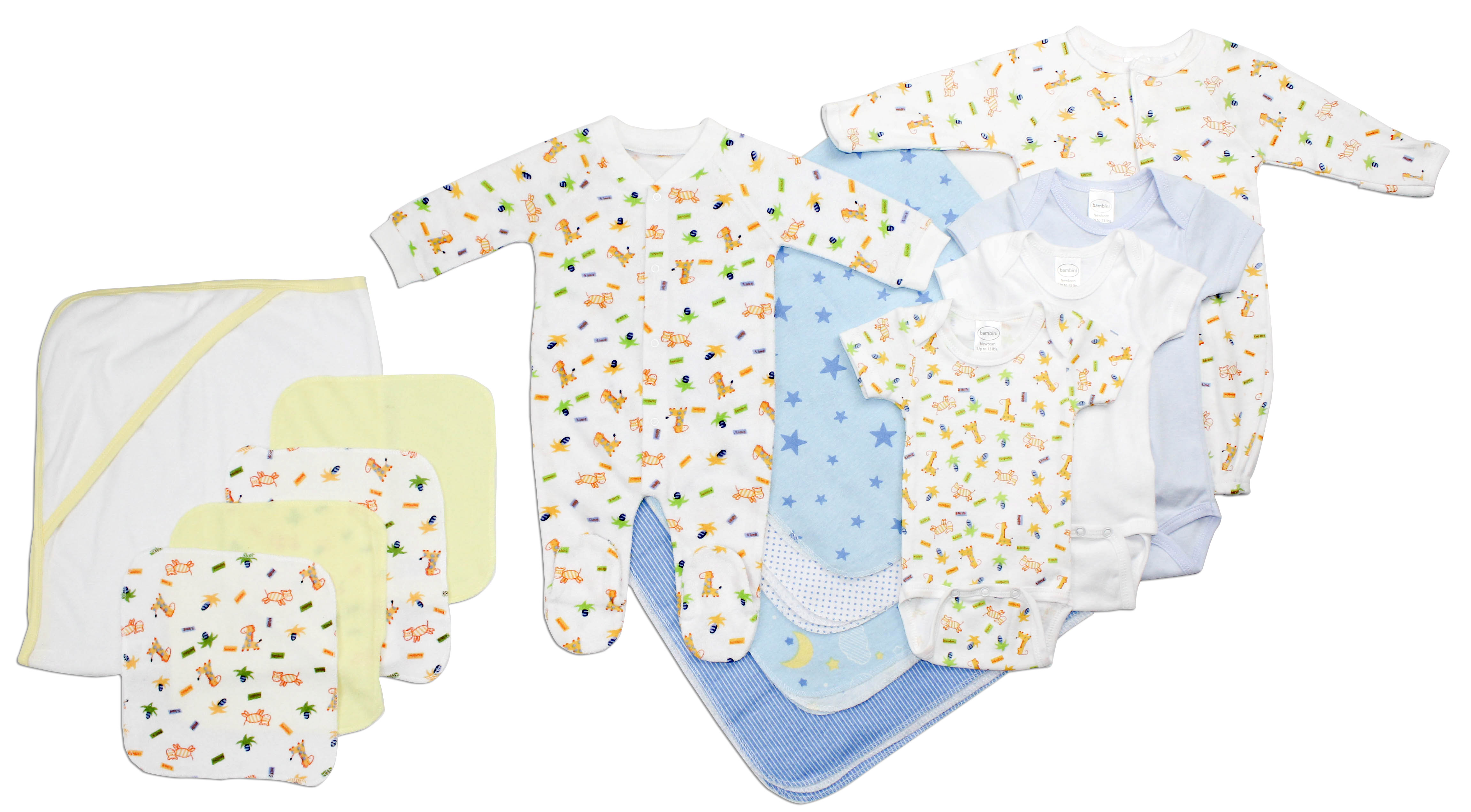 Newborn baby boy layette set featuring soft cotton onesies and essential clothing items for infants.