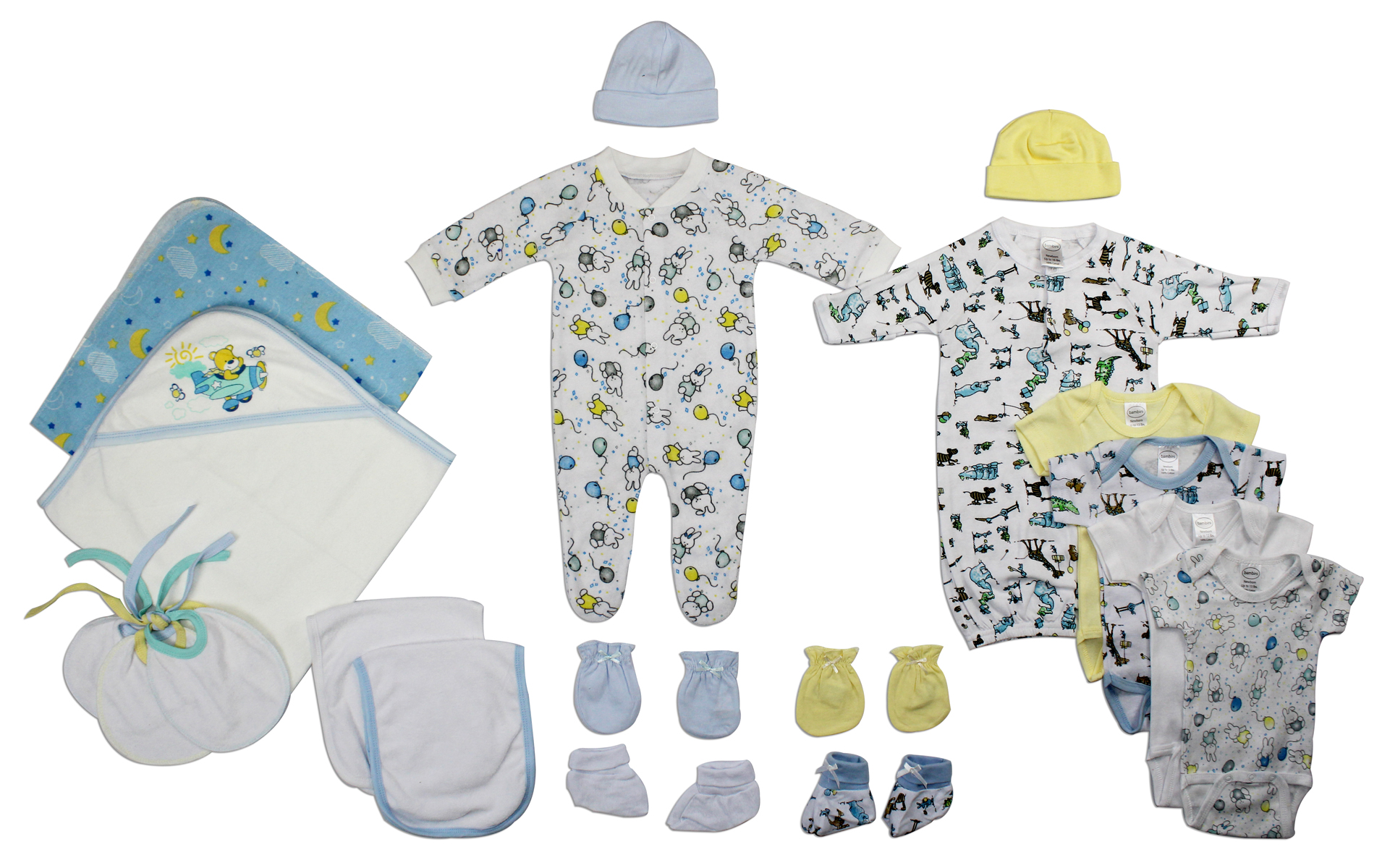 Newborn Baby Boy 19 Pc Layette Set featuring soft cotton onesies and practical designs for comfort and easy changing.