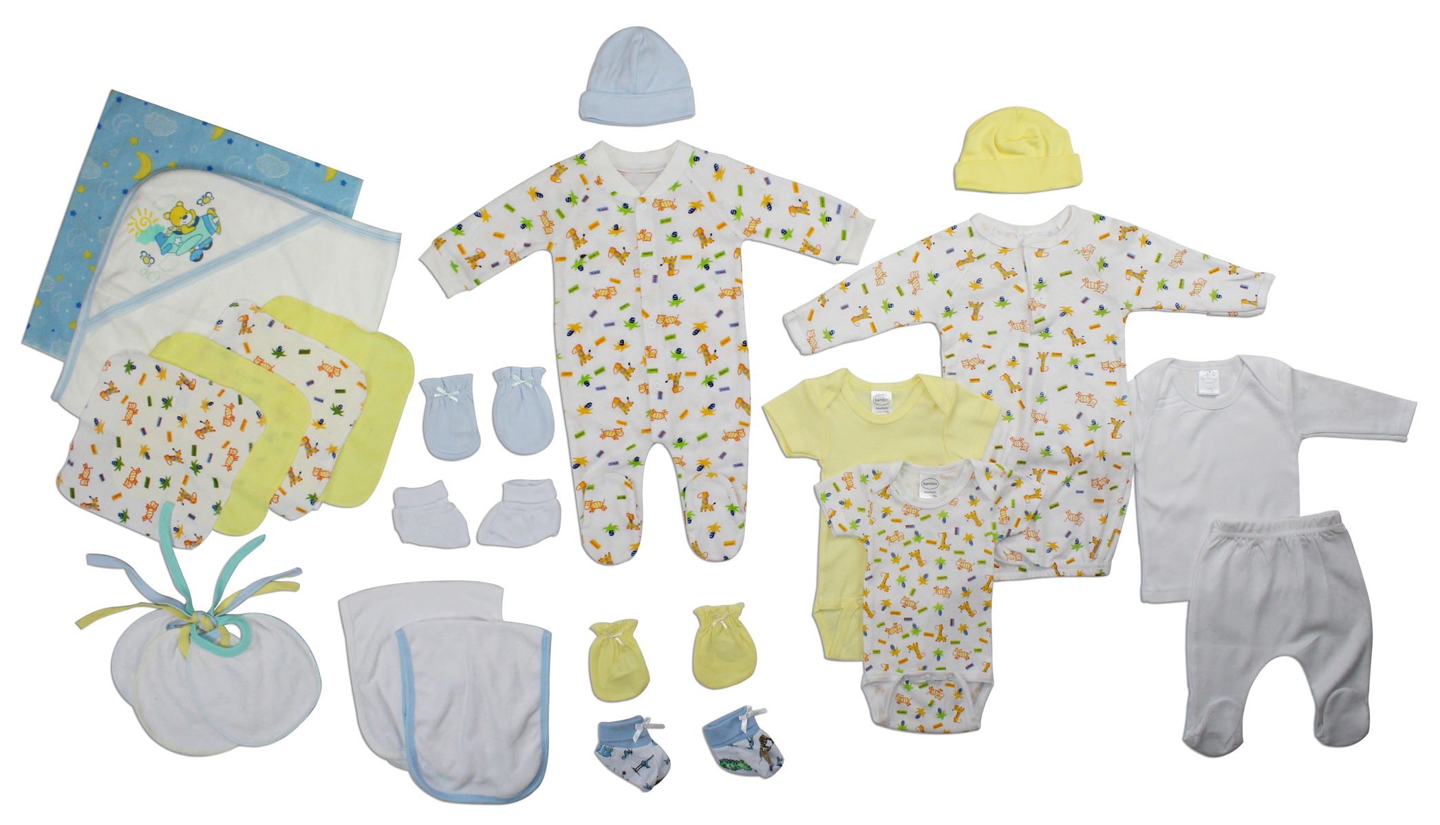 A 23-piece layette set for newborn baby boys, featuring soft cotton onesies and essential clothing items in a cheerful yellow color.