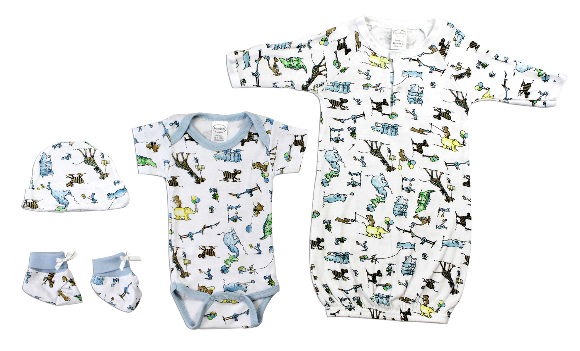 Newborn Baby Boy 4 Pc Layette Gift Set featuring soft cotton clothes in various colors and patterns, perfect for baby showers.