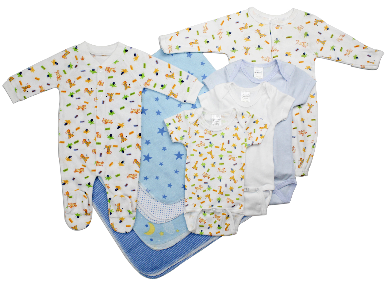 Newborn Baby Boy 9 Pc Layette Gift Set featuring soft cotton onesies and baby clothes in various patterns.