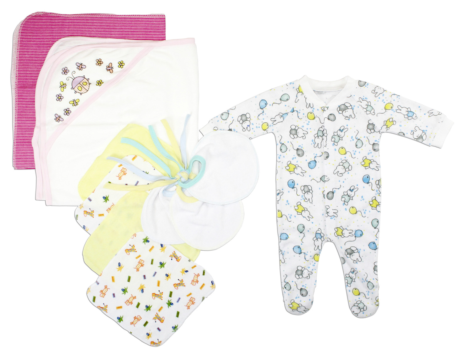 Newborn baby boys' 11 pc layette set featuring soft cotton fabric, expandable neckline, and convenient snap closures, perfect for baby showers.