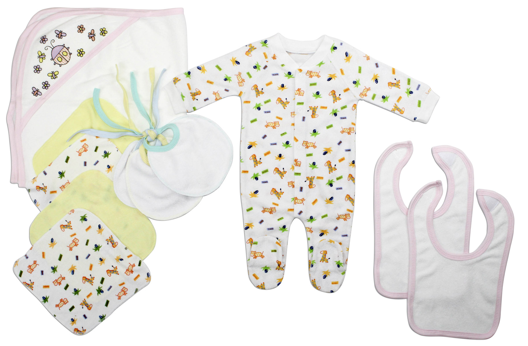 Newborn baby boys layette set featuring soft cotton fabric, expandable neckline, and front snap closure, perfect for baby shower gifts.