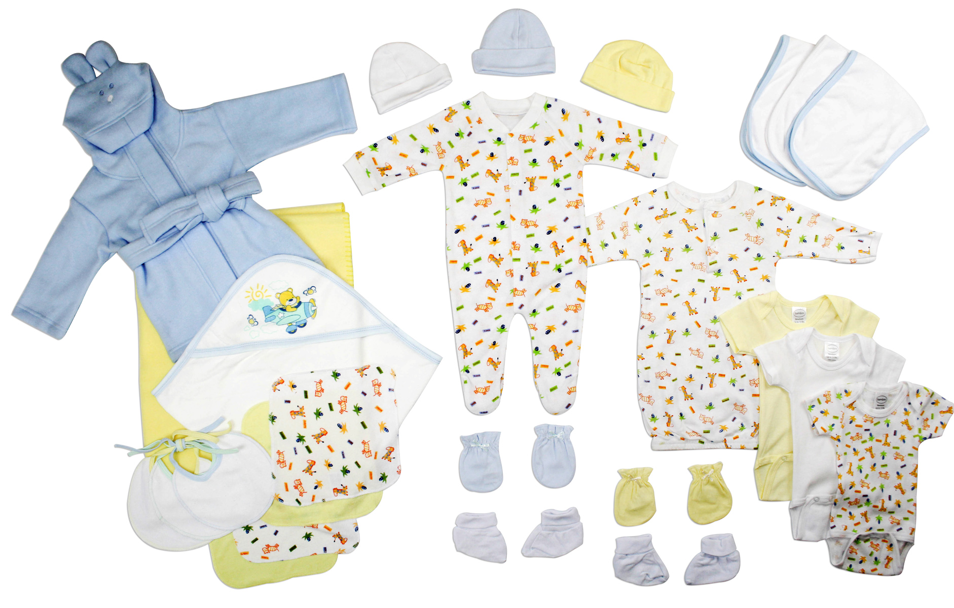 A 25-piece layette set for newborn baby boys, featuring soft cotton clothing essentials including sleep 'n play outfits, designed for comfort and easy dressing.