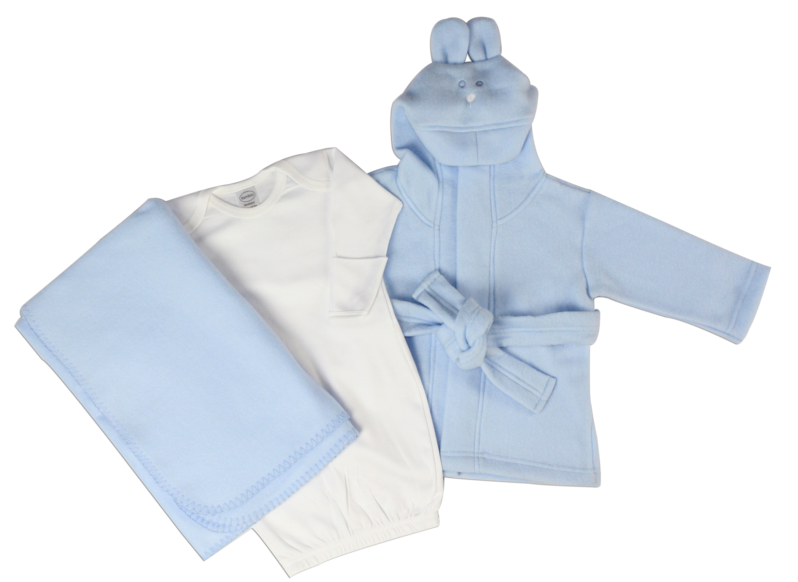 Newborn Baby Boys 3 Pc Layette Set featuring a soft cotton gown, robe, and matching accessories in a cozy design.