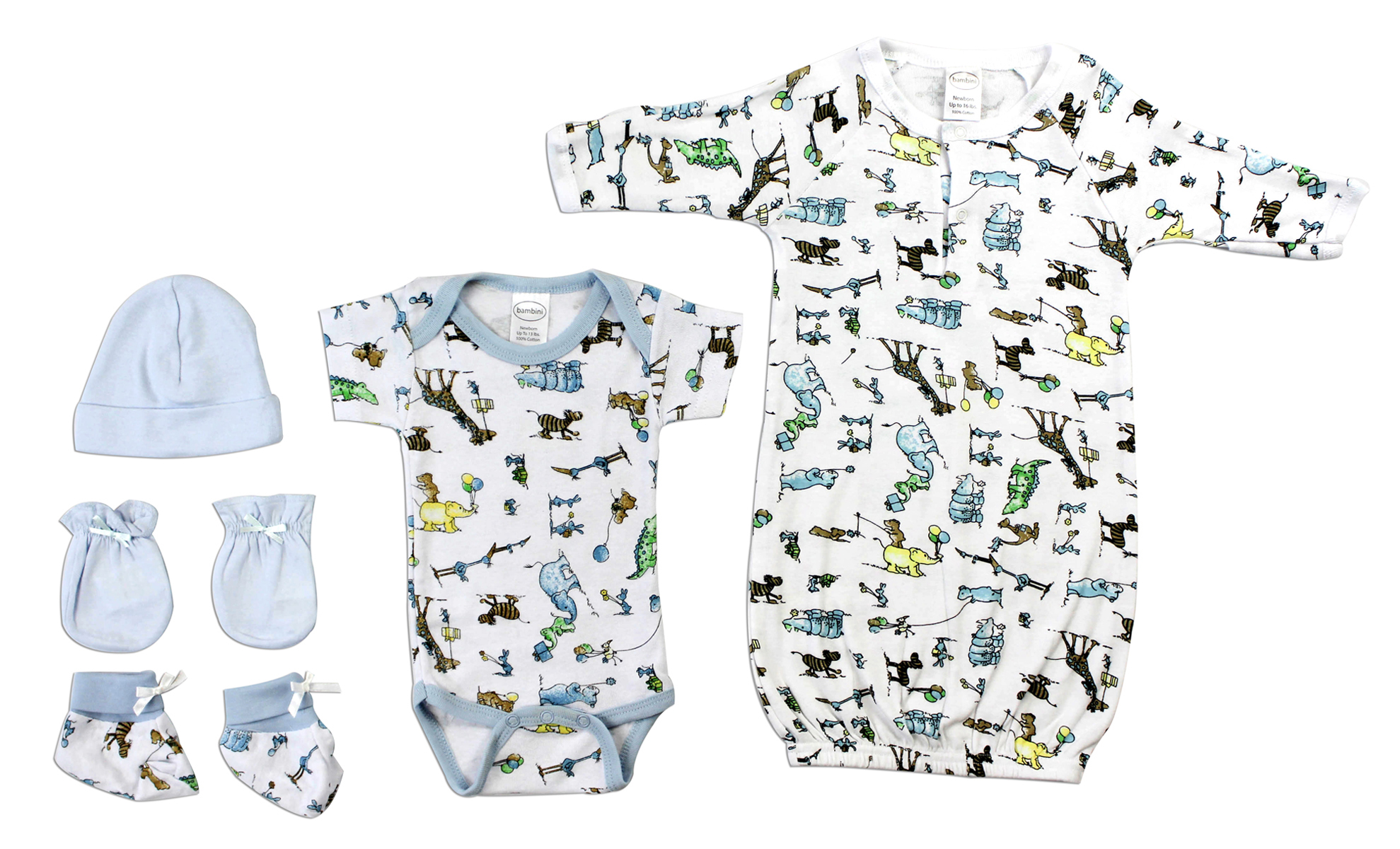 Newborn baby boys 5 pc layette set featuring soft cotton fabric, expandable neckline, and front snap closure, perfect for baby showers.