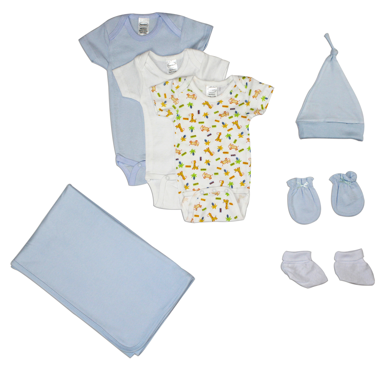 Newborn baby boys 7 pc layette set featuring soft cotton clothes, white booties, and expandable neckline for easy dressing.