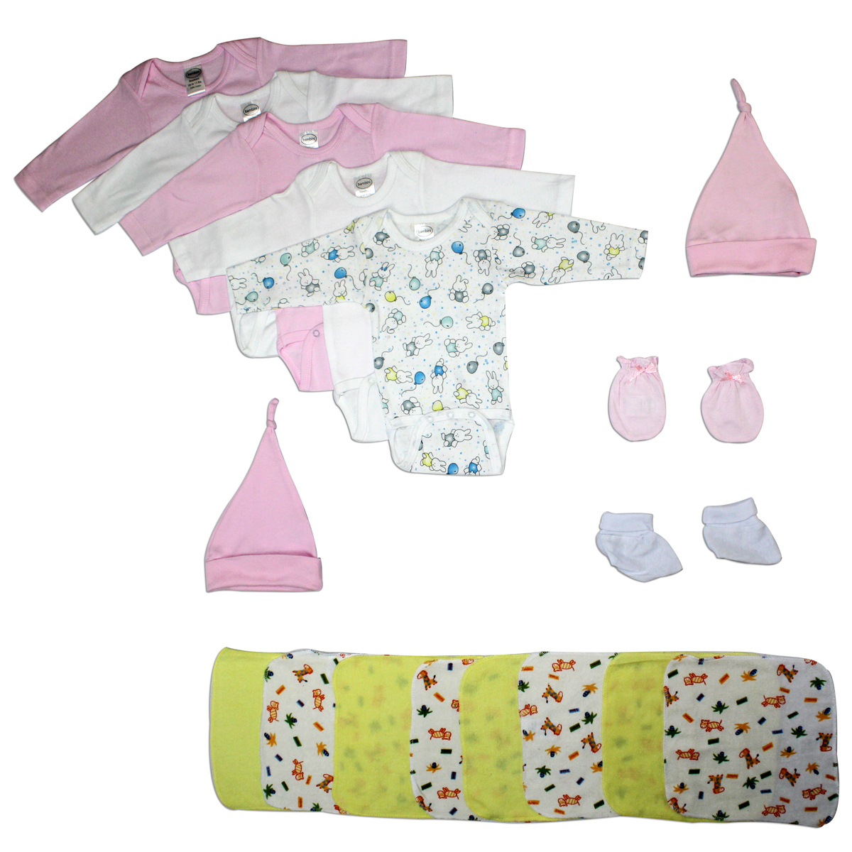 Newborn baby girl layette set featuring soft cotton onesies and essential clothing items in a variety of colors and patterns.