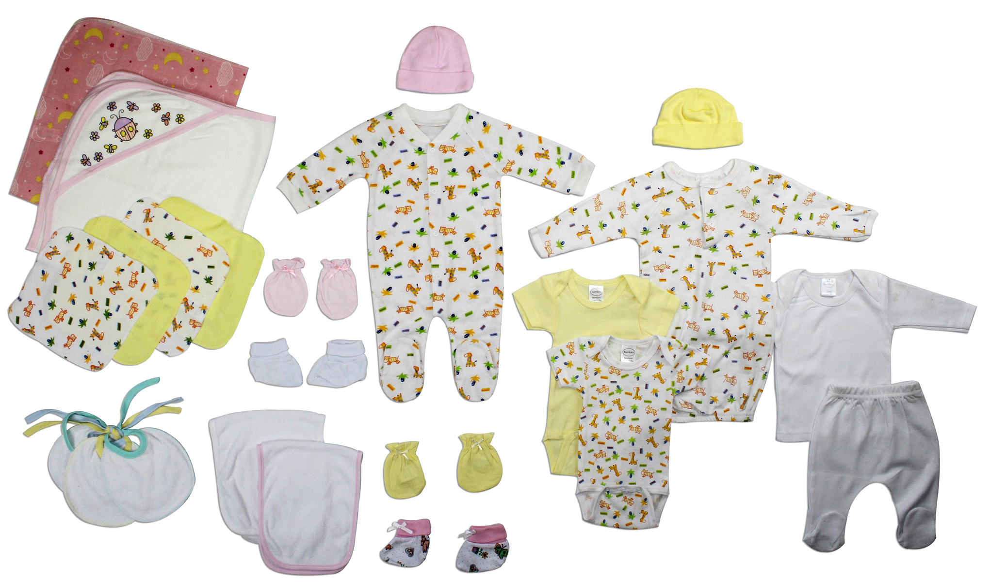 A colorful assortment of newborn baby girl clothing including onesies and accessories, made from soft cotton fabric.