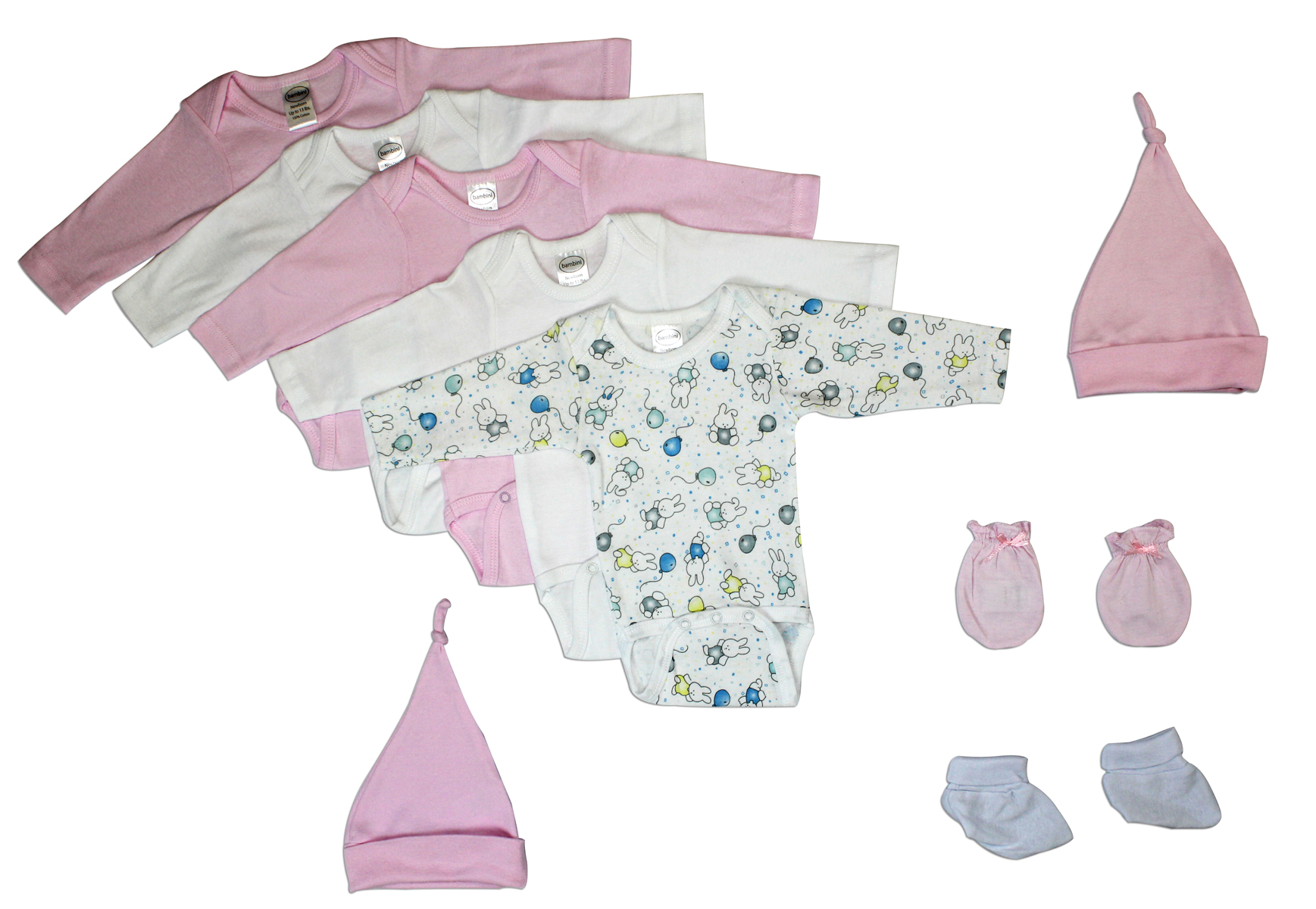 Newborn baby girl layette set featuring soft cotton onesies and accessories, perfect for baby showers.