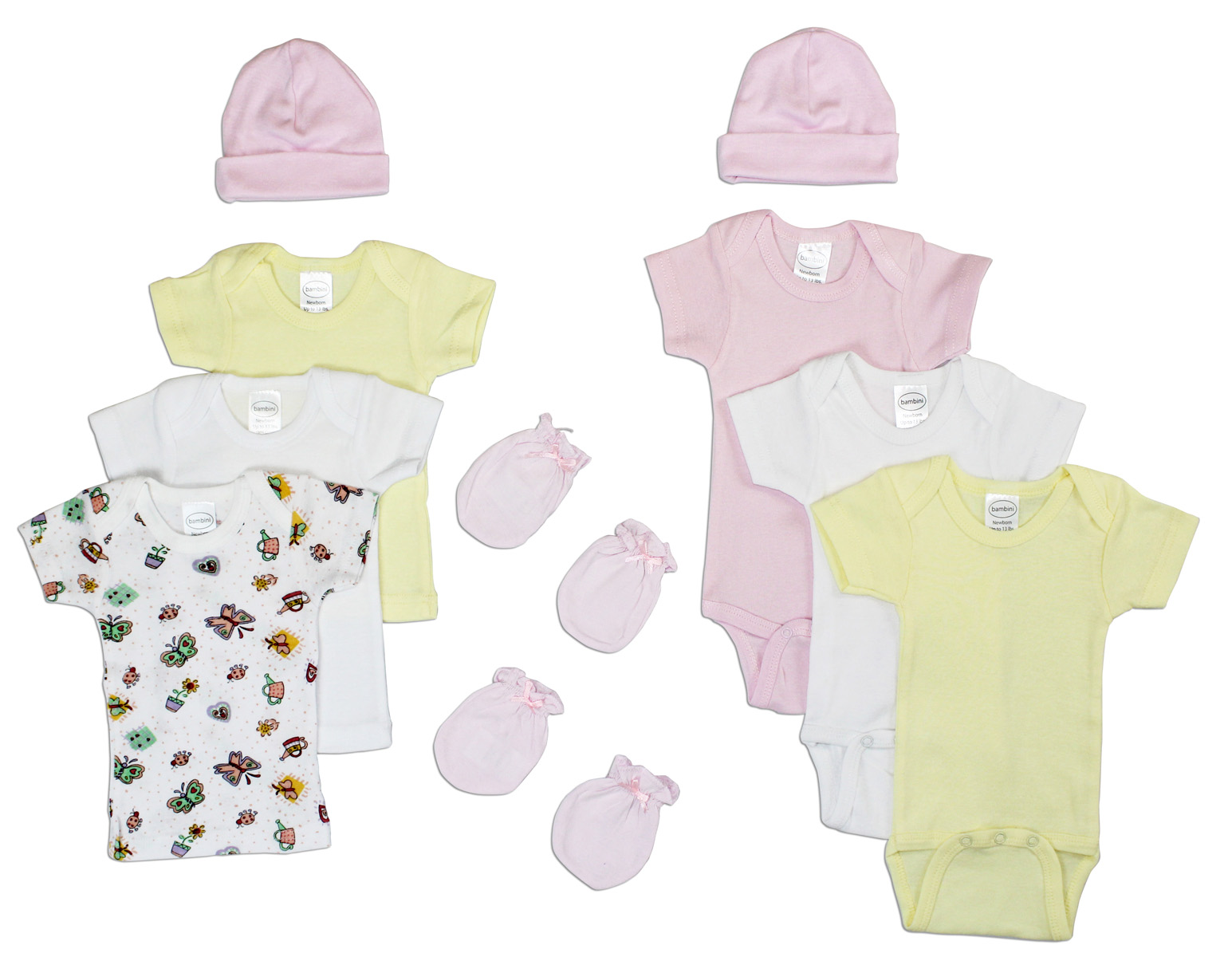 Newborn baby girls' layette set featuring soft cotton clothing, including a pink baby cap, designed for comfort and easy dressing.