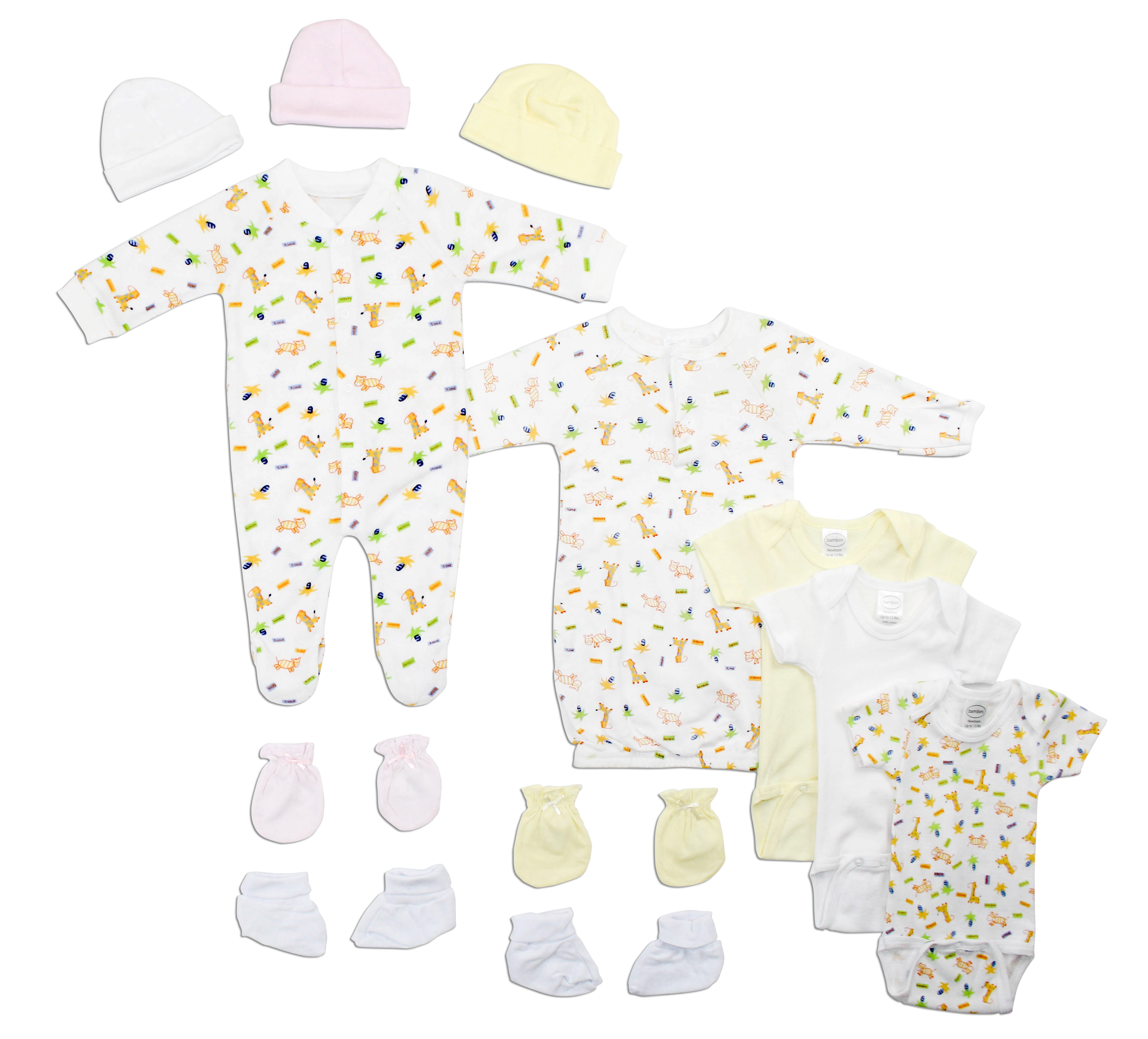 Newborn baby girls' 12 pc layette set featuring soft cotton fabric, expandable neckline, and front snap closure for easy dressing.