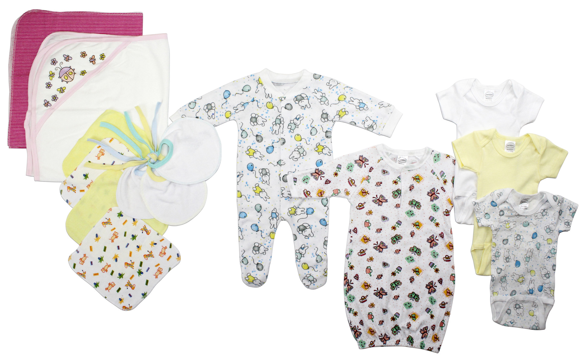 Newborn baby girls' 14 pc layette set featuring soft cotton fabric, expandable neckline, and convenient snap closures, perfect for baby showers.