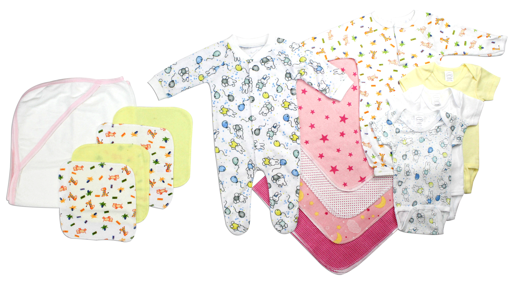 Newborn baby girls' 14 pc layette set featuring soft cotton onesies and essential baby clothing items in various patterns.