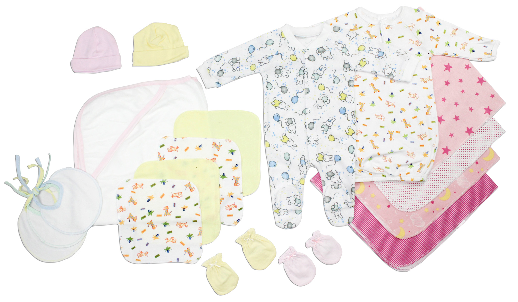 Newborn baby girls' 18-piece layette set featuring soft cotton clothing, perfect for baby showers and everyday wear.