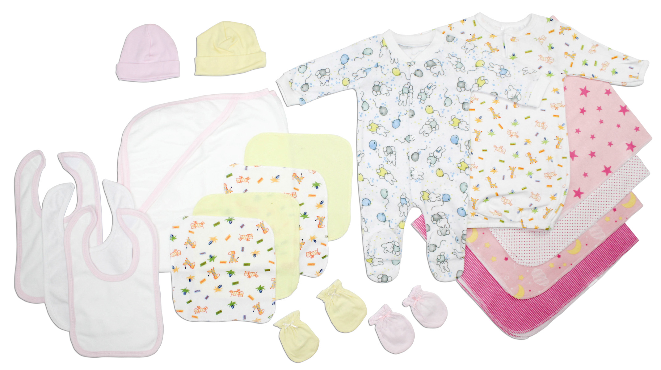 Newborn baby girls' 18-piece layette set in soft cotton, featuring various clothing items for comfort and style.