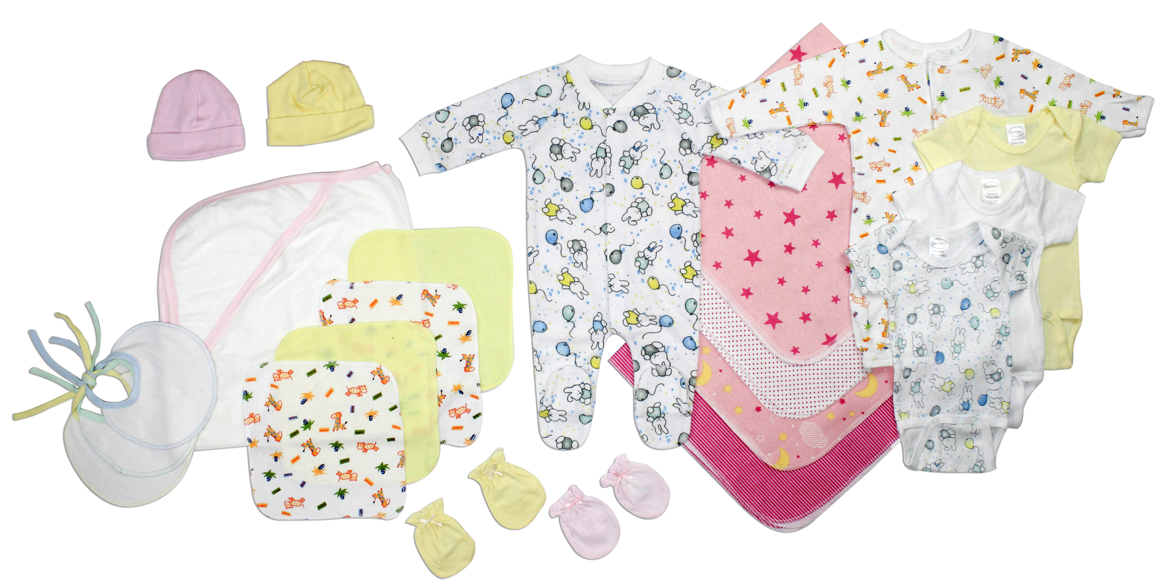 A 21-piece layette set for newborn baby girls, featuring soft cotton onesies and essential clothing items in various colors and patterns.