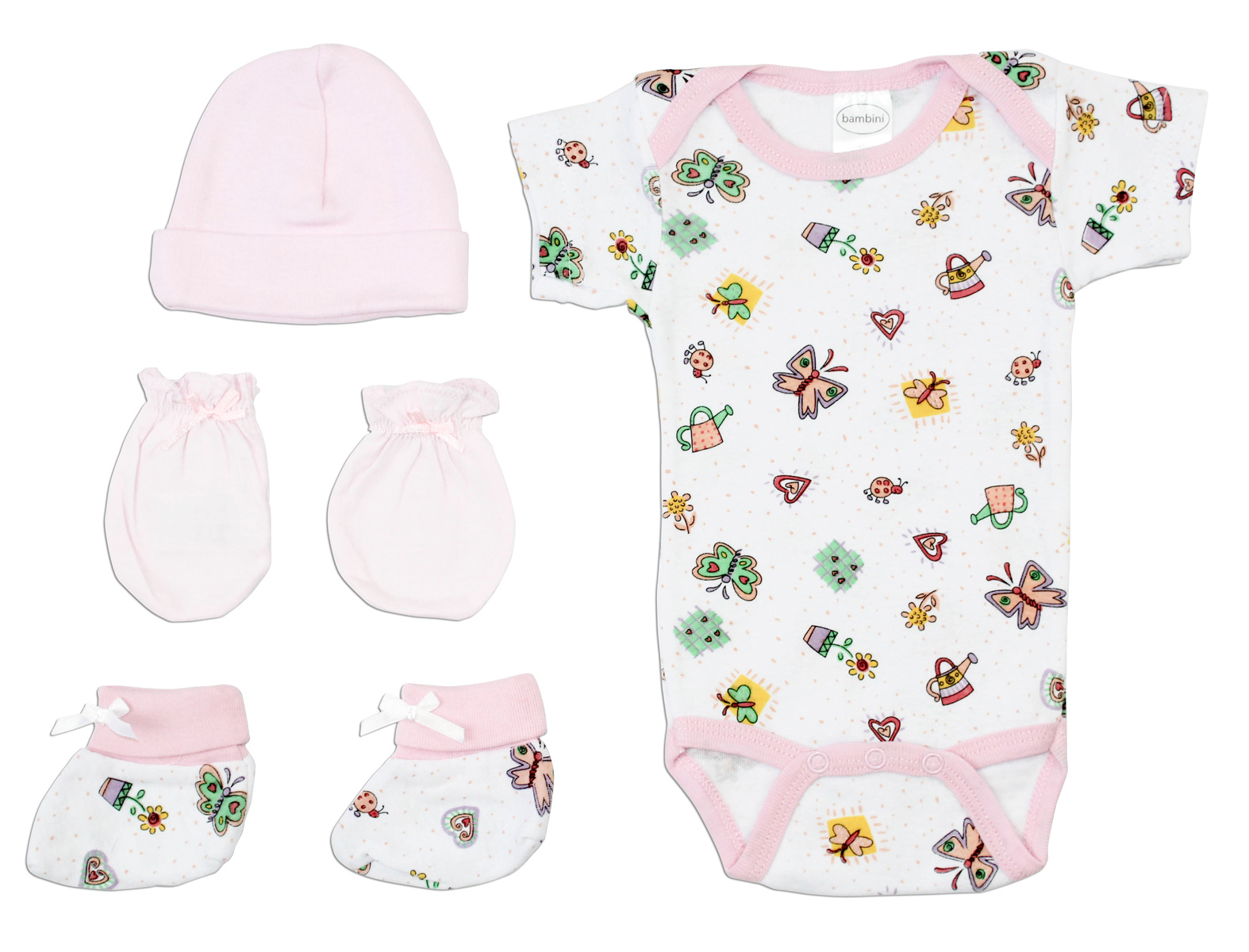 Newborn baby girls' 4 pc layette set in soft cotton, featuring expandable neckline and front snap closure, perfect for baby showers.