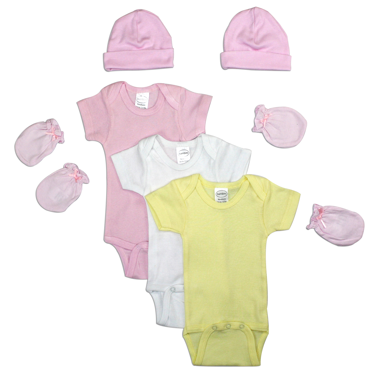 Newborn baby girls' 7 pc layette set in soft cotton, featuring a pink baby cap and convenient design for comfort and easy changing.