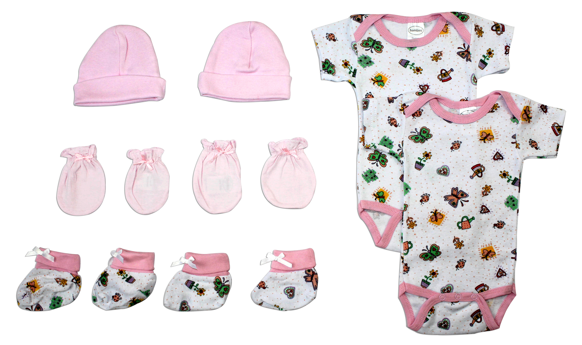 Newborn baby girls layette set featuring soft cotton outfits in various patterns, perfect for baby showers and everyday wear.