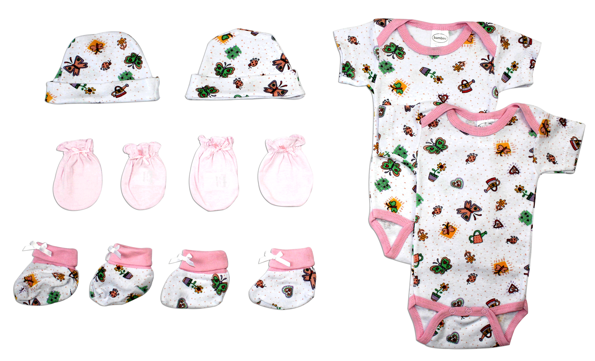 Newborn baby girls layette set featuring soft cotton outfits in various patterns, perfect for baby showers and everyday wear.