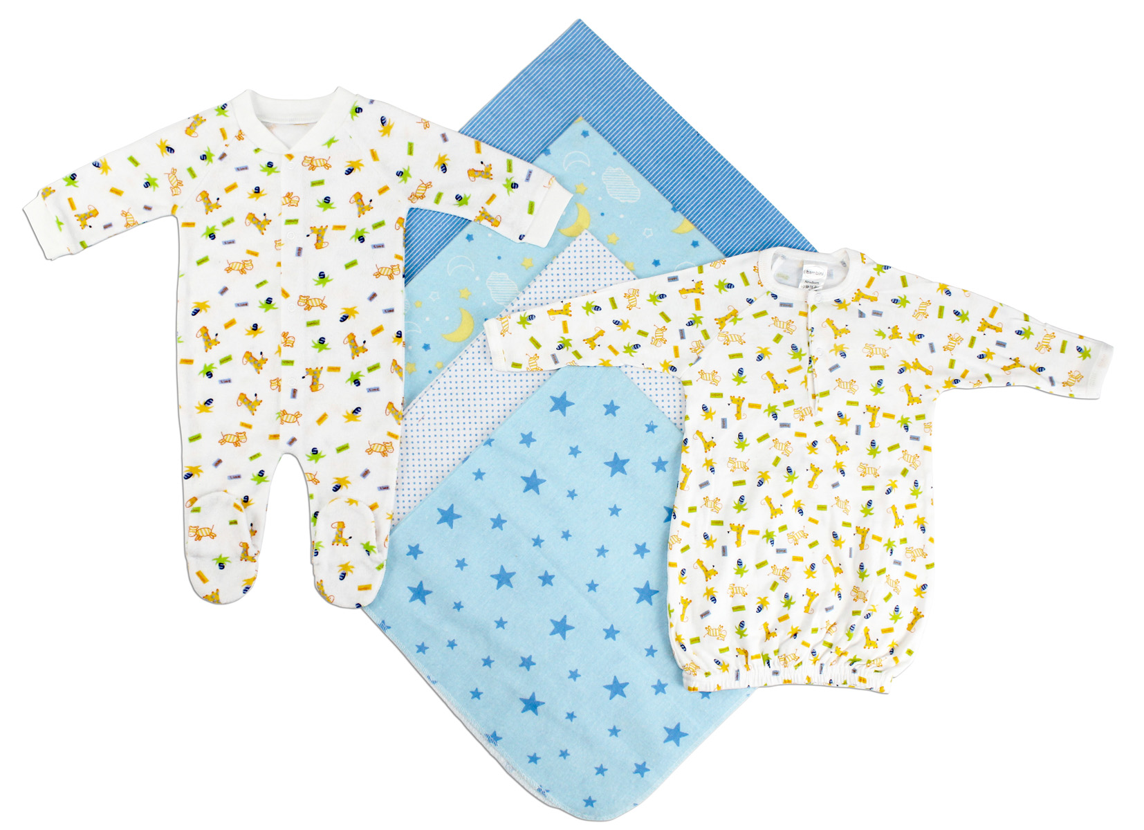 Newborn Boys 6 Piece Layette Set featuring soft cotton fabric, expandable neckline, and front snap closure, ideal for comfort and easy dressing.