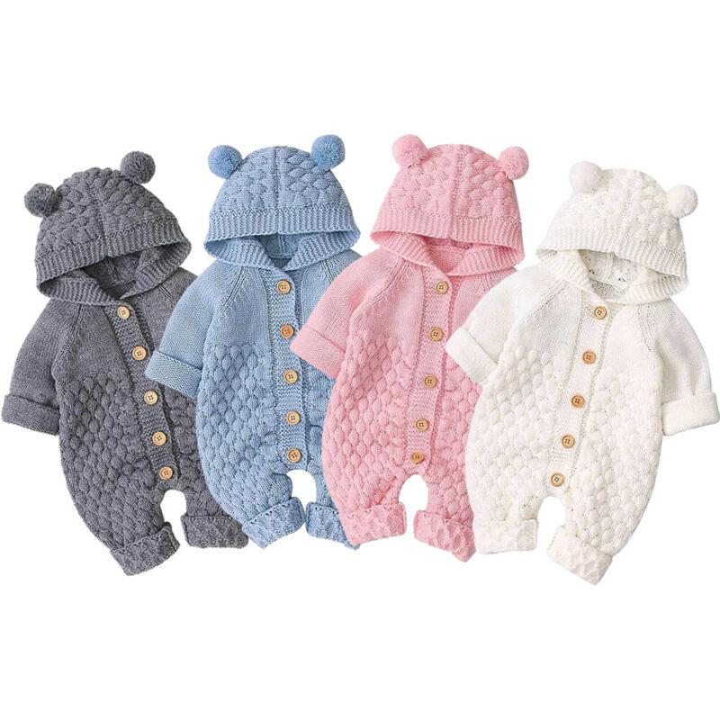 Newborn unisex bear rompers in beige, pink, blue, and gray, made from soft cotton blend, suitable for ages 6-24 months.