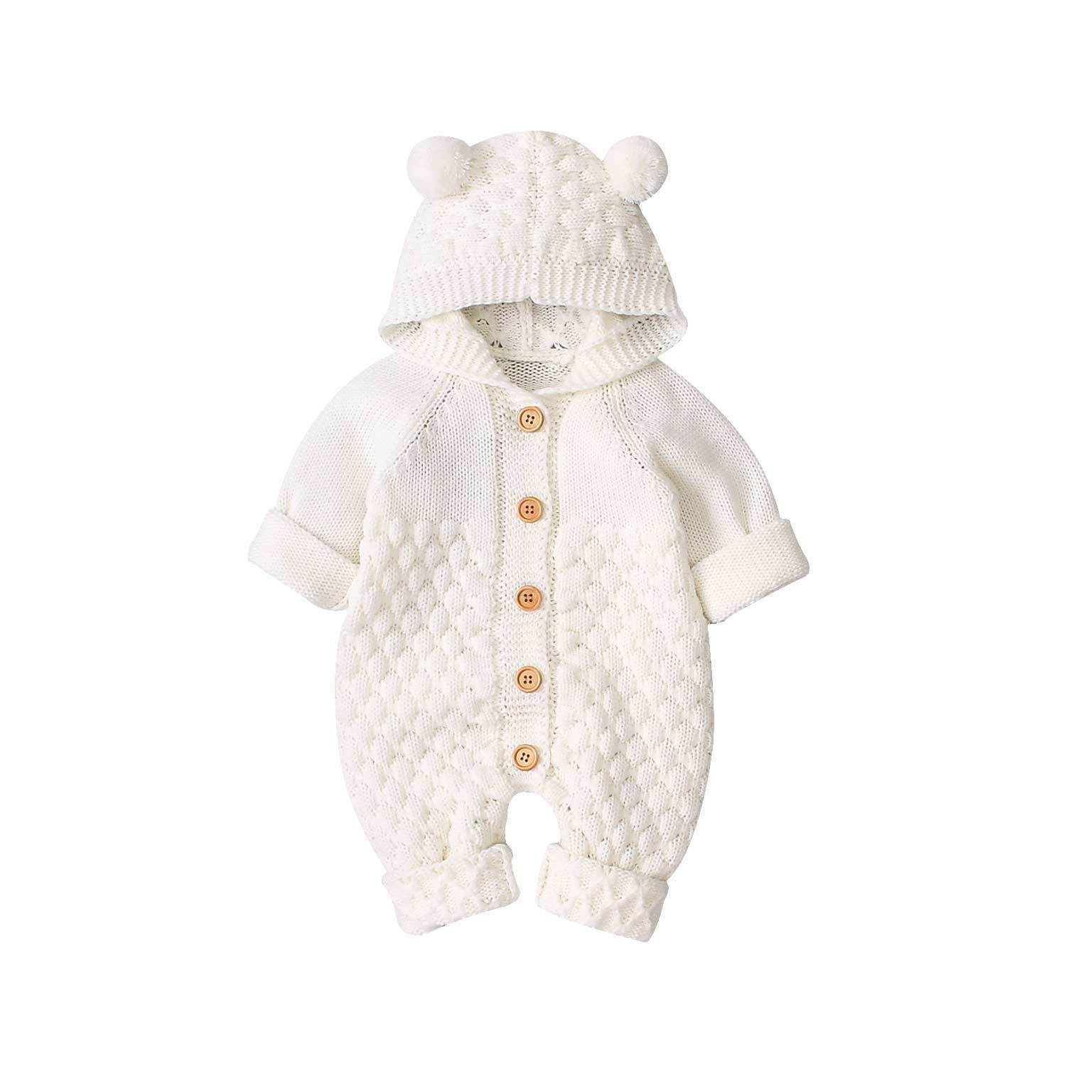 Newborn unisex bear rompers in beige, pink, blue, and gray, made from soft cotton blend, suitable for ages 6-24 months.