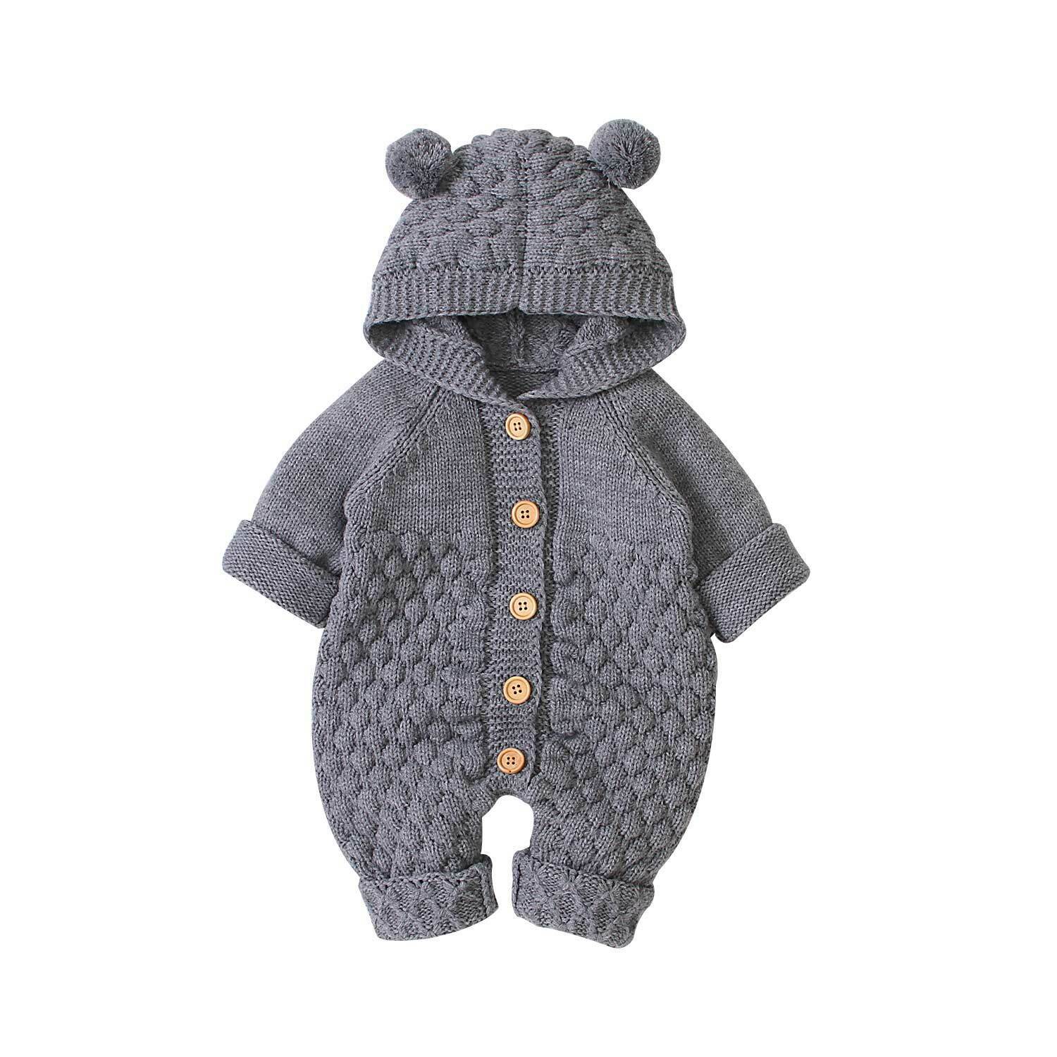 Newborn unisex bear rompers in beige, pink, blue, and gray, made from soft cotton blend, suitable for ages 6-24 months.