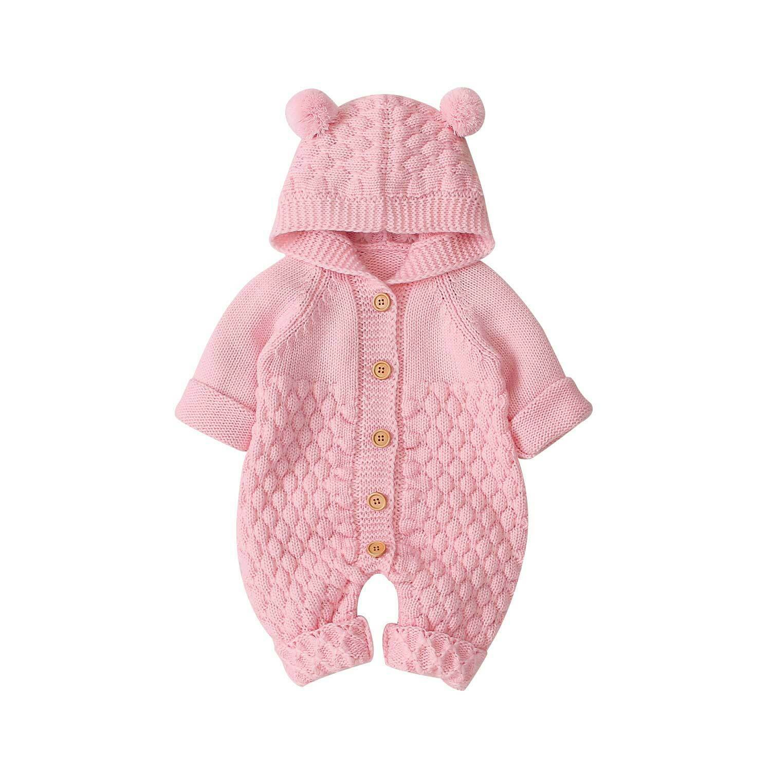 Newborn unisex bear rompers in beige, pink, blue, and gray, made from soft cotton blend, suitable for ages 6-24 months.