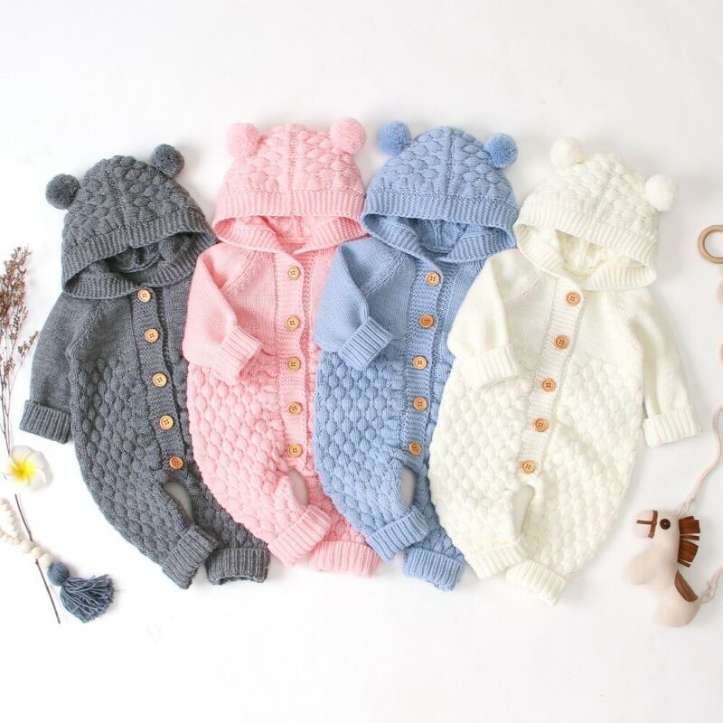 Newborn unisex bear rompers in beige, pink, blue, and gray, made from soft cotton blend, suitable for ages 6-24 months.