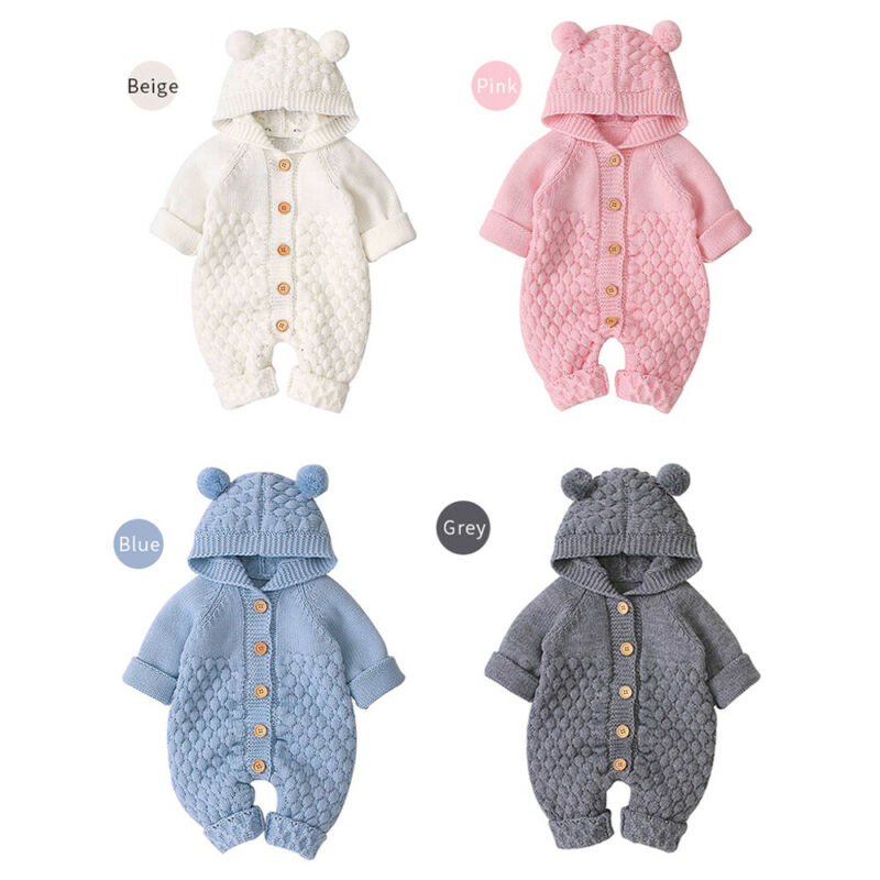 Newborn unisex bear rompers in beige, pink, blue, and gray, made from soft cotton blend, suitable for ages 6-24 months.